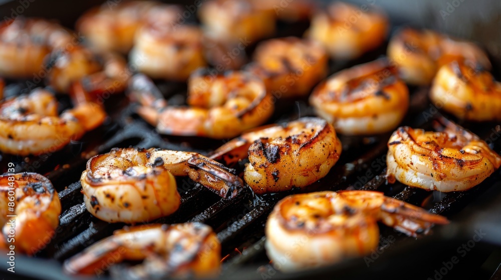 A close-up of seasoned shrimp grilling on a cast iron grill pan, with visible grill lines A close-up of seasoned shrimp grilling on a cast iron grill pan, with visible grill lines