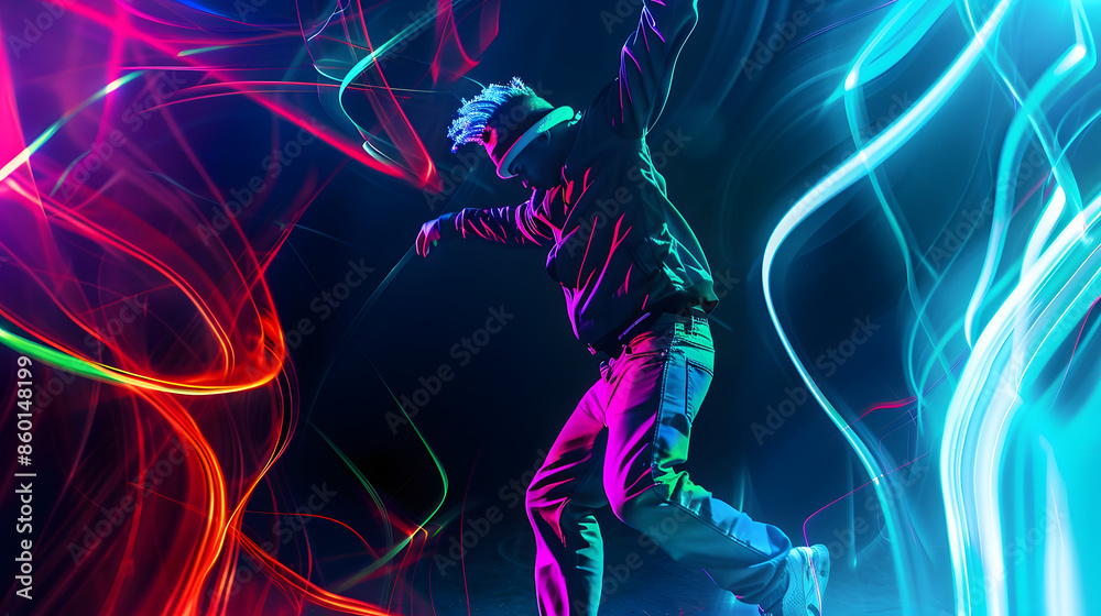 Power and energy Flyer with young stylish man breakdanc dancer in motion over dark background with neon colorful elements Youth culture movement street style and fashion action : Generative AI