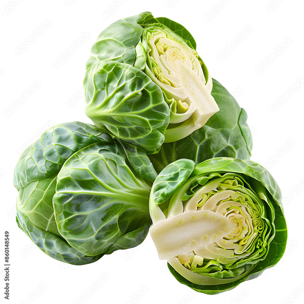 Obraz premium Fresh green Brussels sprouts isolated on a isolated on transparency PNG background, High-quality image perfect for healthy eating and vegetarian food concepts.