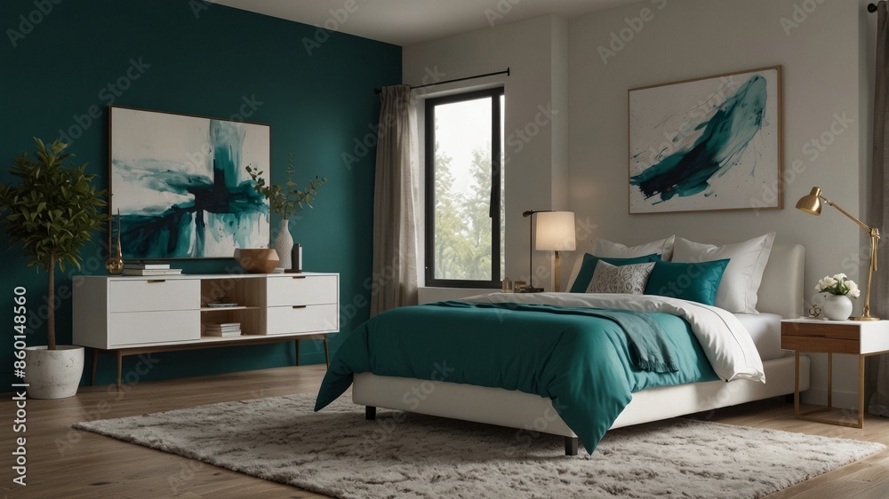 Fototapeta premium minimalist modern bedroom with green nuance