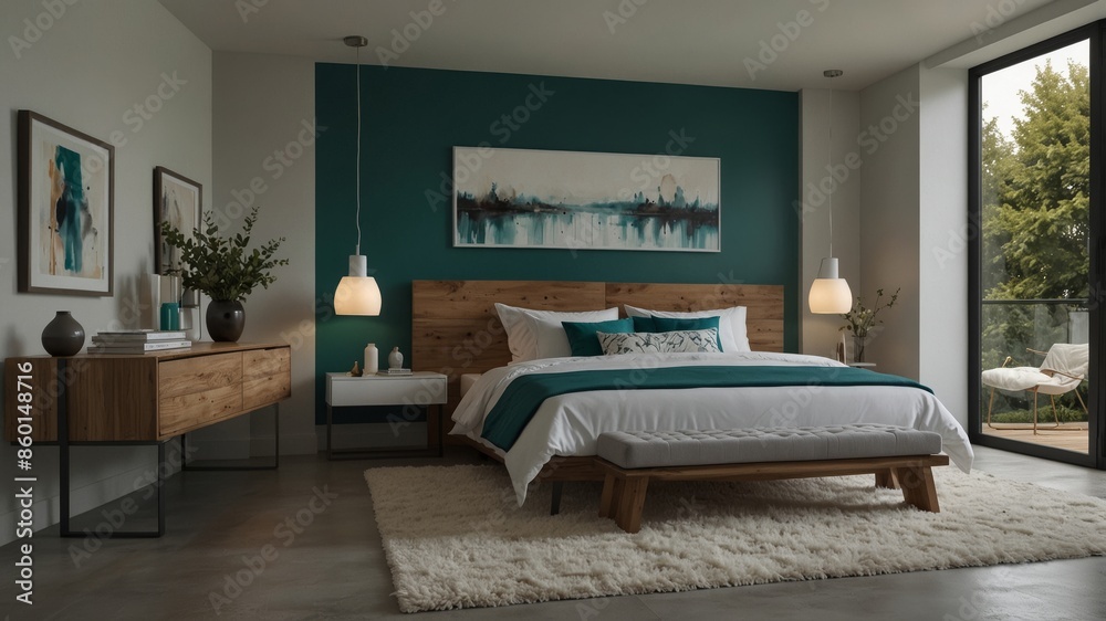 Fototapeta premium minimalist modern bedroom with green nuance