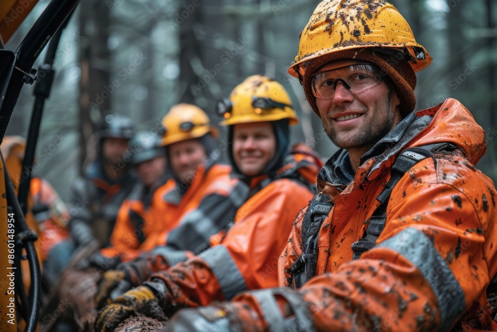 Team of professional lumberjacks in protective gear posing with machinery in a forest Team of professional lumberjacks in protective gear posing with machinery in a forest