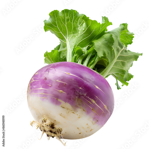 Freshly harvested turnip with green leaves, isolated on isolated on transparency PNG background,  Ideal for culinary and farming themes in stock images.