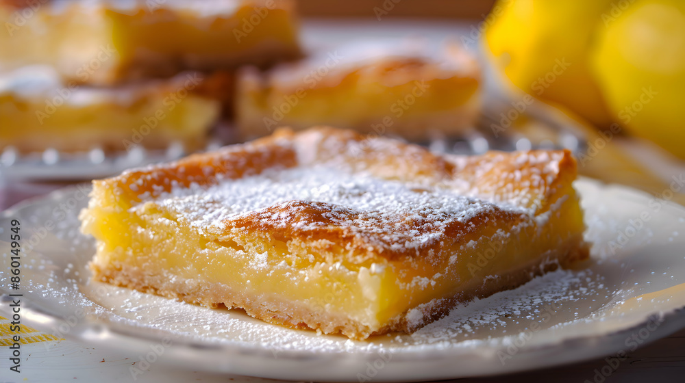 A plate of tangy fast food lemon bars with a buttery crust and powdered sugar topping A plate of tangy fast food lemon bars with a buttery crust and powdered sugar topping