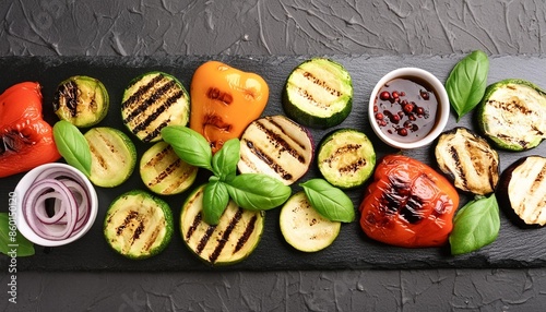 grilled assorted vegetables on a stone board with basil top view photo
