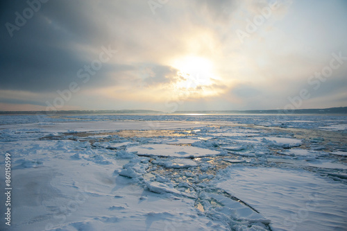 Drifting ice seen from the Aurora icebreaking ship in the Sea of Okhotsk near Abashiri in Hokkaido, northern Japan