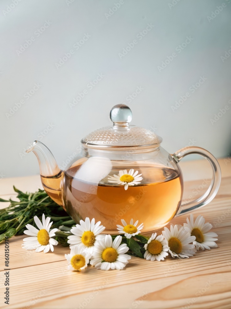 Freshly brewed chamomile tea in a clear glass teapot, with chamomile flowers, on a wooden table with a sunny kitchen background Freshly brewed chamomile tea in a clear glass teapot, with chamomile flowers, on a wooden table with a sunny kitchen background