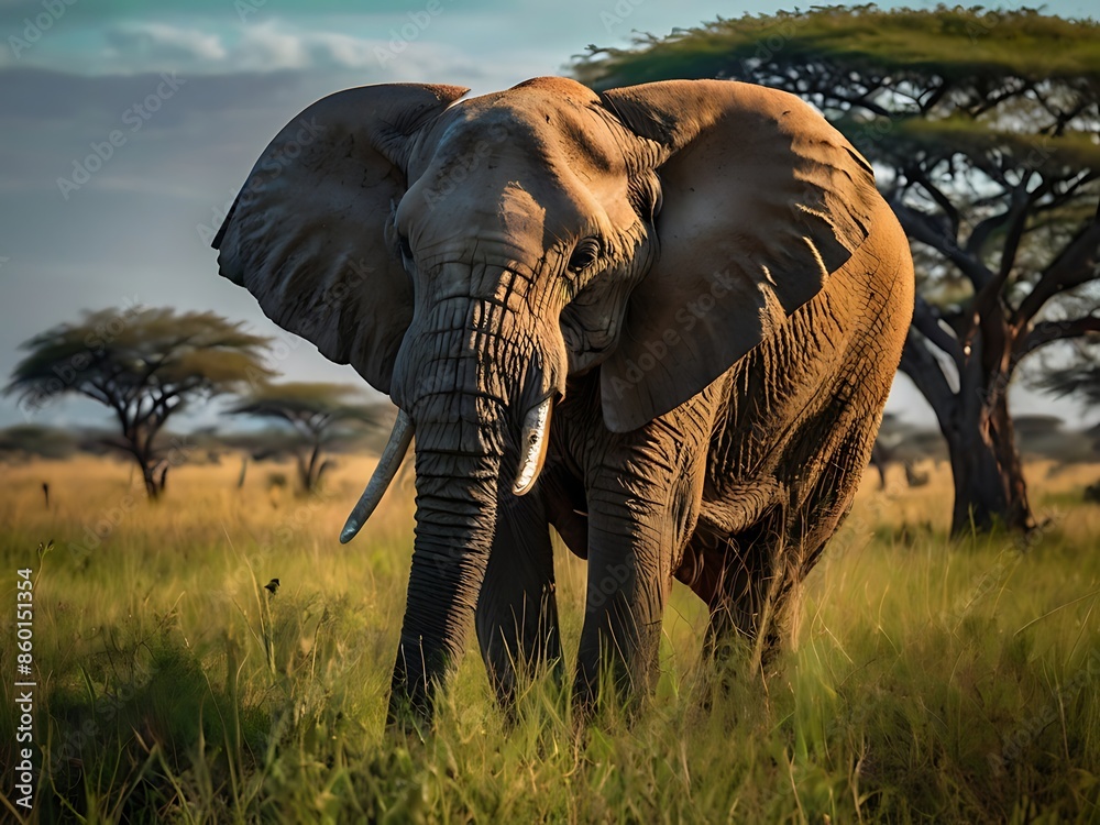 Fototapeta premium An elephant stands in a tropical forest, savannah.