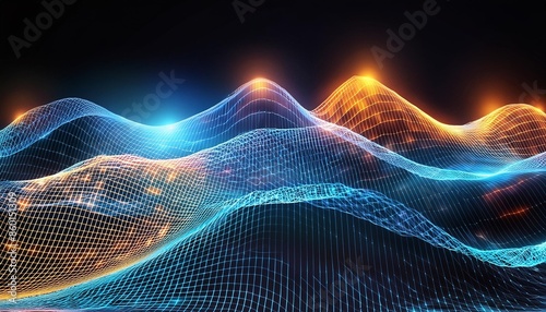 abstract series of glowing undulating wave patterns forming three dimensional grid structure on dark background photo