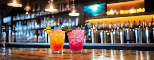 craft cocktails in restaurant with shaker, splash colourful water
