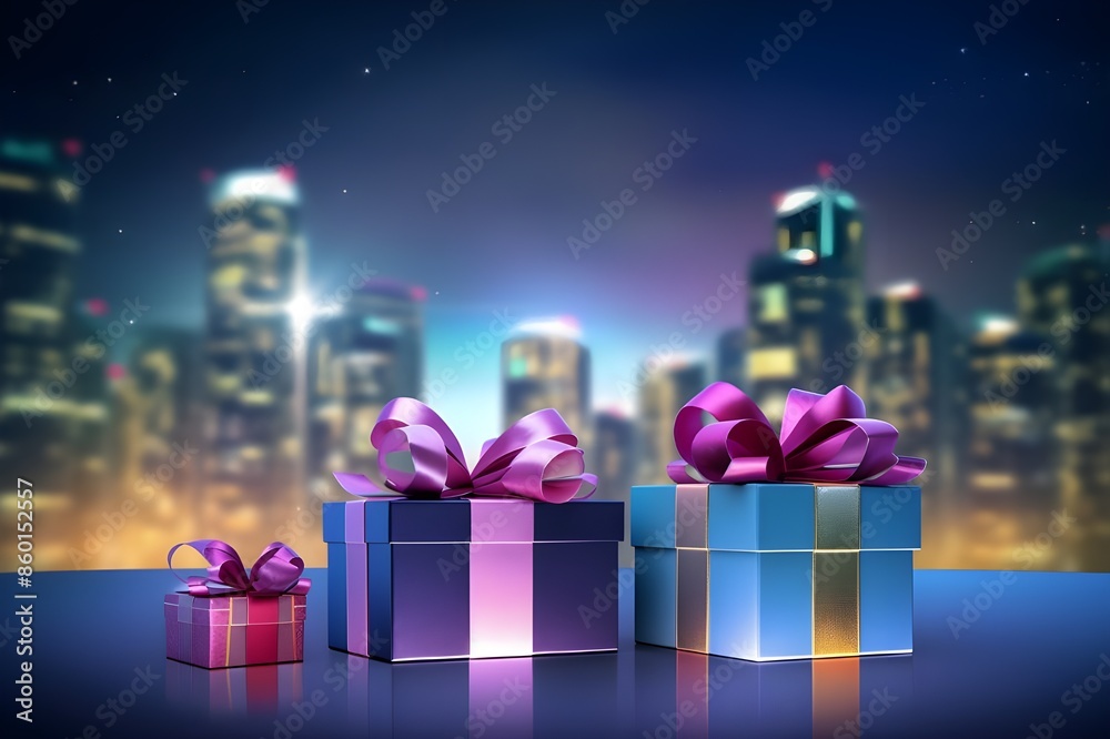 Christmas neon background with gift box
