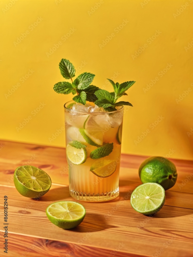 Fototapeta premium Mojito with mint leaves, lime slices, and ice cubes in a glass, on a wooden table with a sunny background