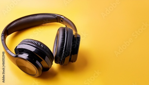 banner with black wireless headphones on a yellow background concept with copy space
