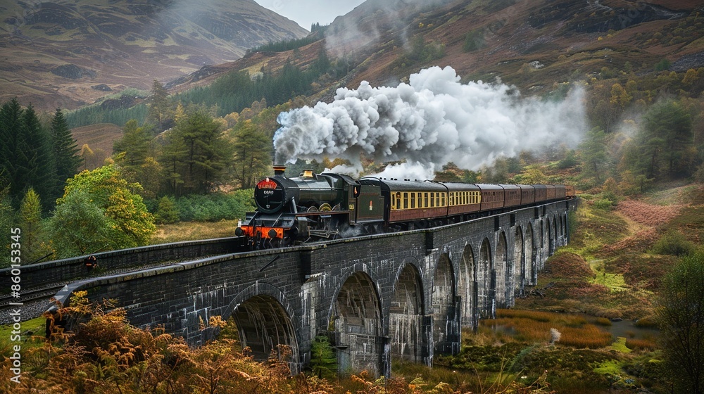 Fototapeta premium Steam Train Crossing a Stone Viaduct in the Scottish Highlands