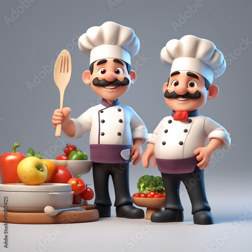 3d character cartoon chef on white paper background full body isloted background
 photo