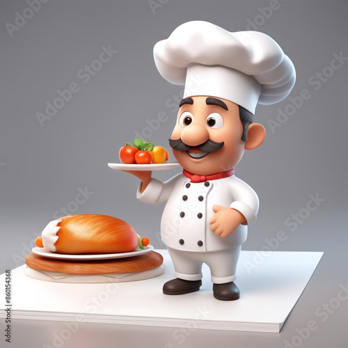 3d character cartoon chef on white paper background full body isloted background
 photo