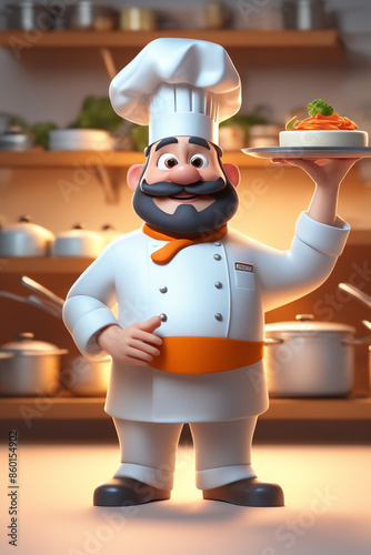 3d character cartoon chef on white paper background full body isloted background
