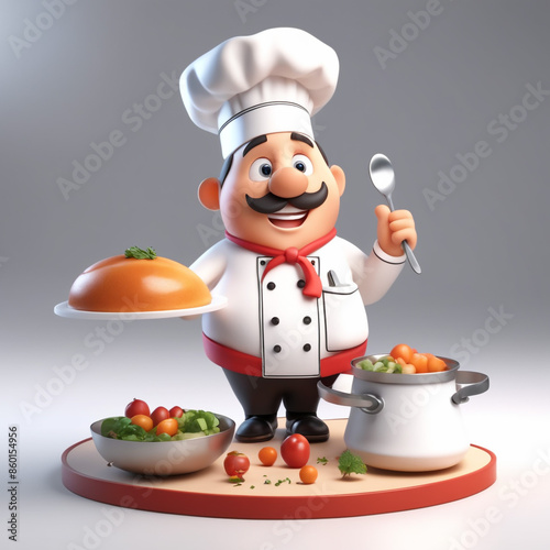 3d character cartoon chef on white paper background full body isloted background
 photo