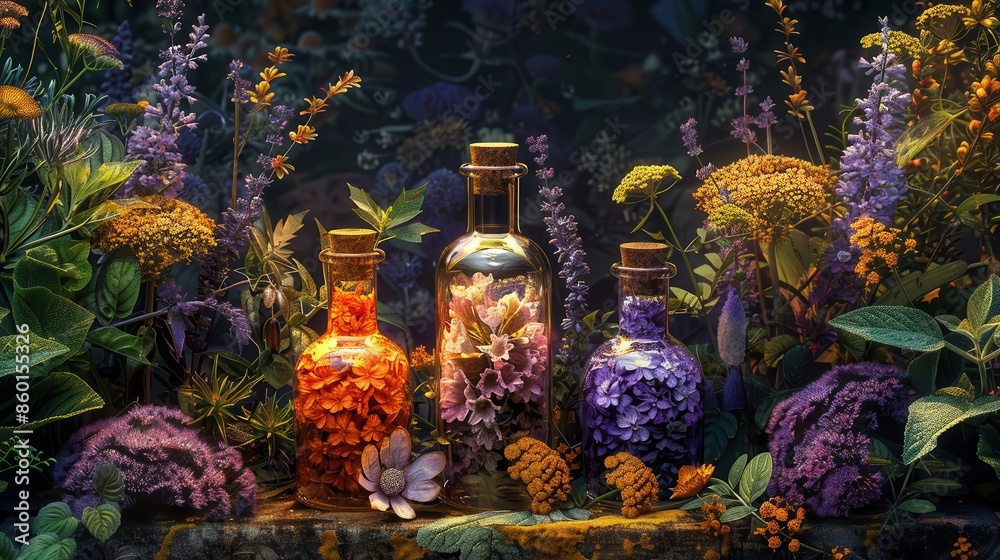 Adaptogenic herbal elixirs in vibrant bottles Adaptogenic herbal elixirs in vibrant bottles