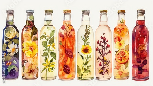 Probiotic kombucha varieties, bottles in various flavors with detailed labels