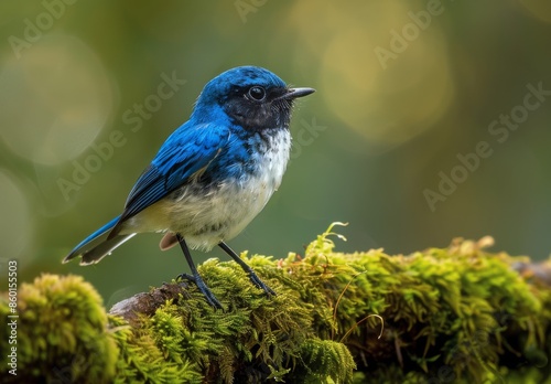 Blue And White Bird Perched On Moss Covered Branch In Lush Green Forest