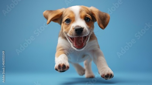 Joyful Beagle. Isolated against a vibrant blue background. Canine. Dog. Pet. 