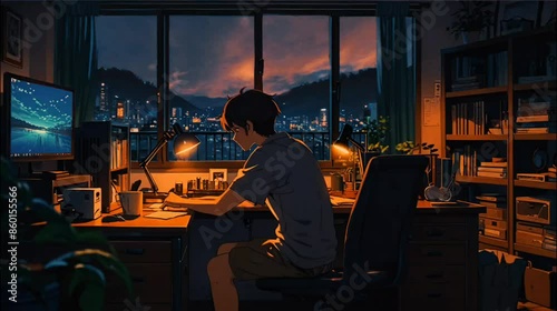 A cozy lofi student study room with a wooden desk and chair near a large window showing a serene night view.