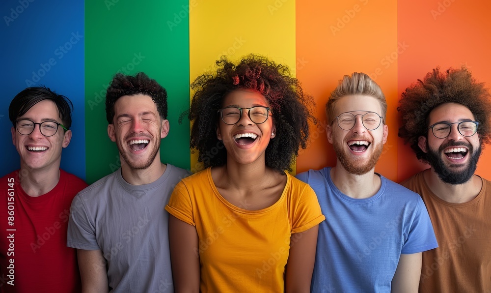 Happy people: Group of joyful diverse friends laughing against colorful backgrounds Happy people: Group of joyful diverse friends laughing against colorful backgrounds