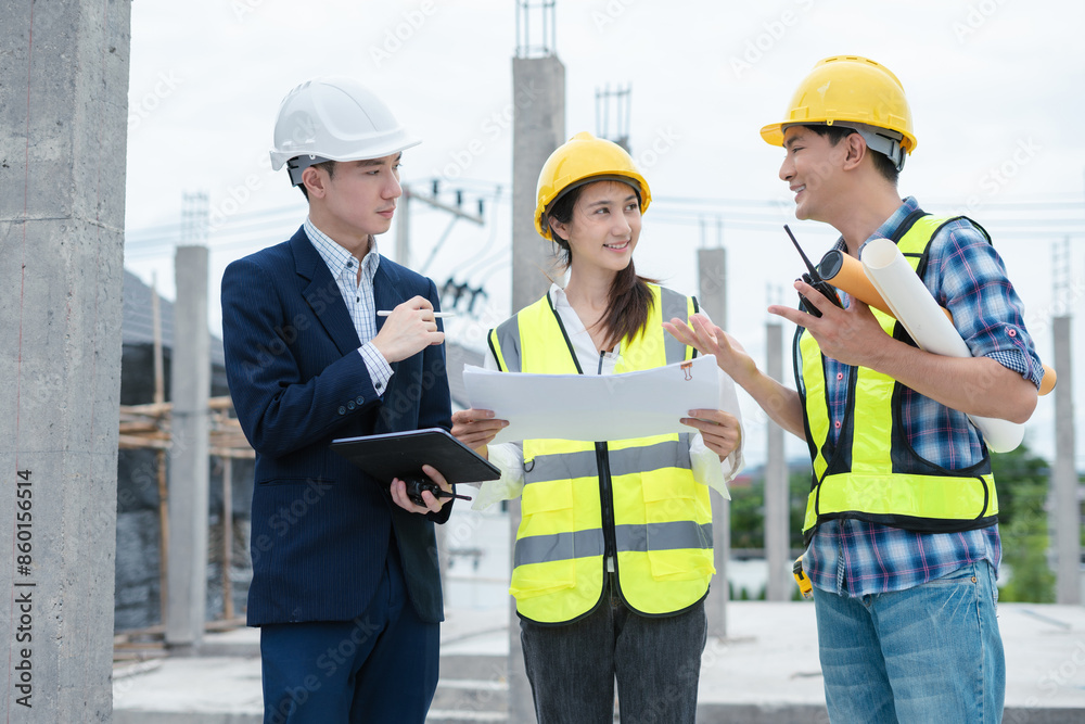 engineers or business partners on a construction site, discussing project details. engineers or business partners on a construction site, discussing project details.