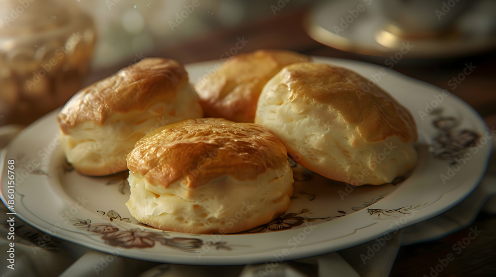 A plate of warm fast food scones with a golden crust and soft interior A plate of warm fast food scones with a golden crust and soft interior
