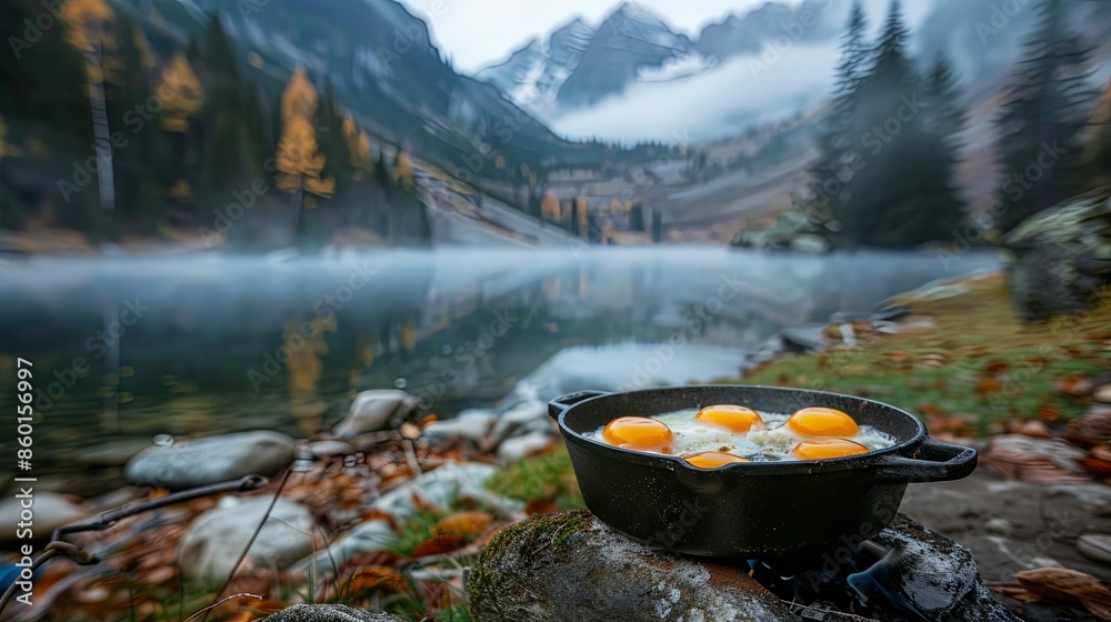 Fried eggs cooking over an open flame beside a serene, foggy lake, framed by rugged mountains and autumnal foliage, capturing the essence of a rustic outdoor breakfast. Fried eggs cooking over an open flame beside a serene, foggy lake, framed by rugged mountains and autumnal foliage, capturing the essence of a rustic outdoor breakfast.