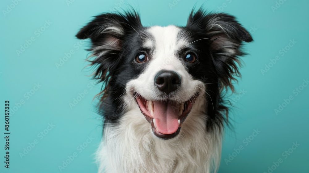 Cute joyful Border Collie. Australian shepherd. Isolated against a vibrant blue background. Pet. Dog. Canine. Cute joyful Border Collie. Australian shepherd. Isolated against a vibrant blue background. Pet. Dog. Canine.