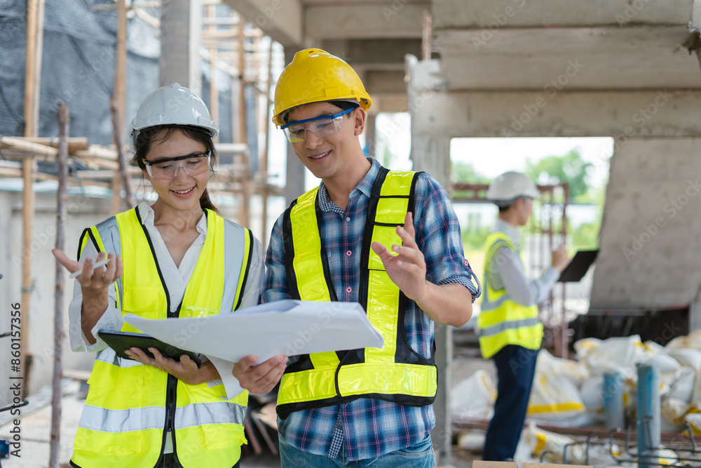 Construction team, blueprint and site building job for architect, builder and engineer sketching a construction project. Construction team, blueprint and site building job for architect, builder and engineer sketching a construction project.