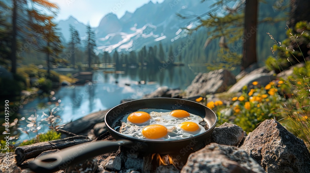 A collection of fried eggs sizzling in a pan over an open fire, situated in a vibrant alpine meadow with colorful flowers and towering snowy mountains in the background.