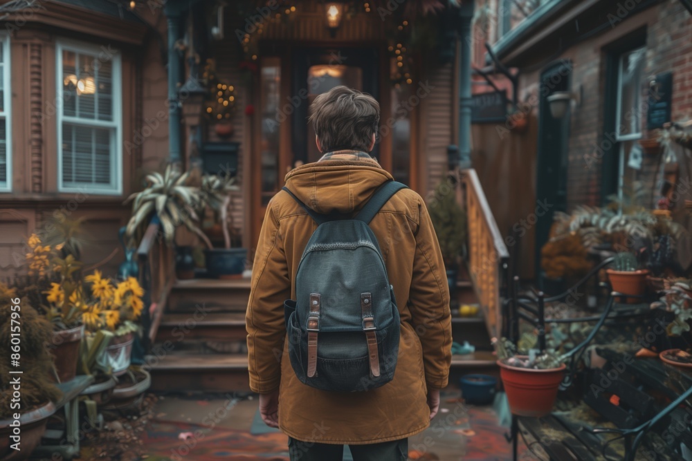 Obraz premium Person Wearing a Backpack Walks Away From a Brown Doorway