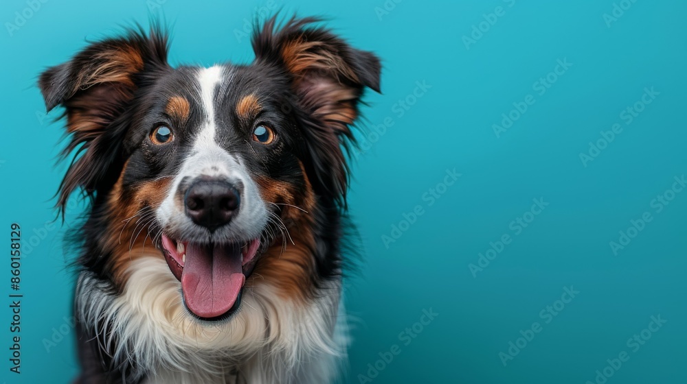 Cute joyful Border Collie. Australian shepherd. Isolated against a vibrant blue background. Pet. Dog. Canine. Cute joyful Border Collie. Australian shepherd. Isolated against a vibrant blue background. Pet. Dog. Canine.