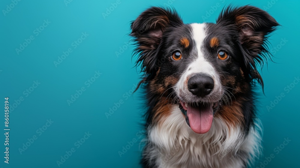 Cute joyful Border Collie. Australian shepherd. Isolated against a vibrant blue background. Pet. Dog. Canine. Cute joyful Border Collie. Australian shepherd. Isolated against a vibrant blue background. Pet. Dog. Canine.