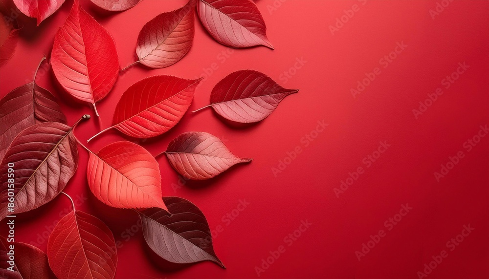 Fototapeta premium red leaves on a red background with space for text, autumn concept, top view 