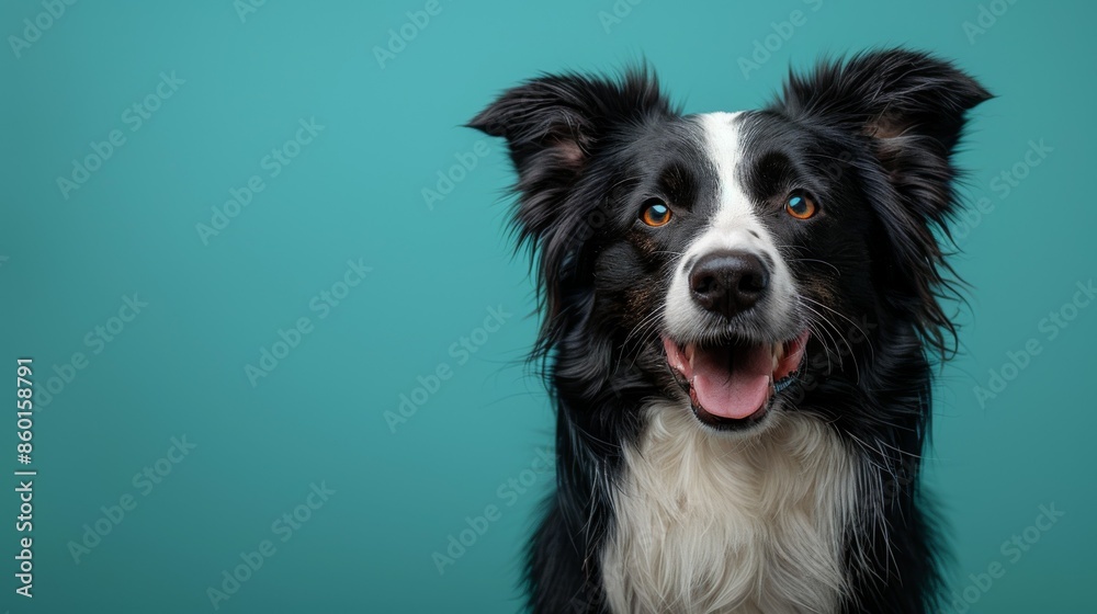 Cute joyful Border Collie. Australian shepherd. Isolated against a vibrant blue background. Pet. Dog. Canine. Cute joyful Border Collie. Australian shepherd. Isolated against a vibrant blue background. Pet. Dog. Canine.