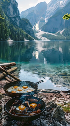 Two frying pans with eggs cooking over an open flame by the water, capturing the pristine beauty of the lake and the mountains in the background. photo