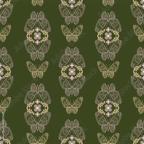 Butterfly and flowers on green background pattern. Seamless pattern background.