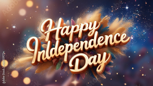 A vibrant 'Happy Independence Day' animation text crafted with 3D digital calligraphy in a playful, handwritten style, adorned with a whimsical dust sprinkle particle effect