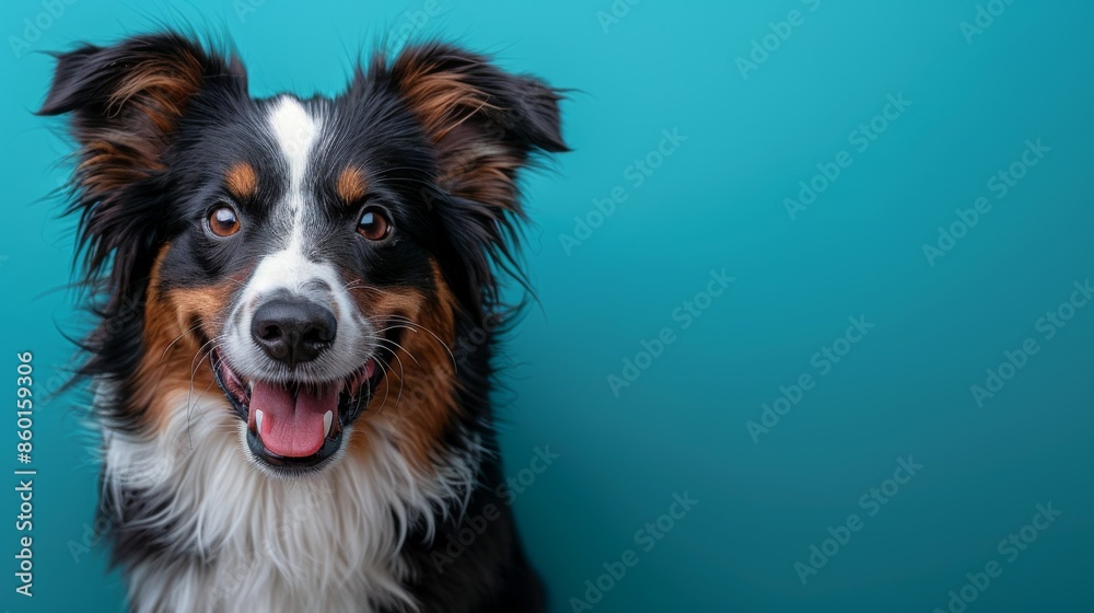 Cute joyful Border Collie. Australian shepherd. Isolated against a vibrant blue background. Pet. Dog. Canine. Cute joyful Border Collie. Australian shepherd. Isolated against a vibrant blue background. Pet. Dog. Canine.