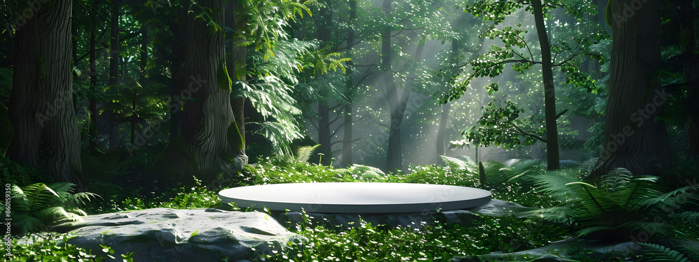Minimalist white rectangular podium placed in the middle of an enchanted forest. 3D scene features lush green nature, plants, and a serene forest backdrop, for showcasing products in a natural setting Minimalist white rectangular podium placed in the middle of an enchanted forest. 3D scene features lush green nature, plants, and a serene forest backdrop, for showcasing products in a natural setting