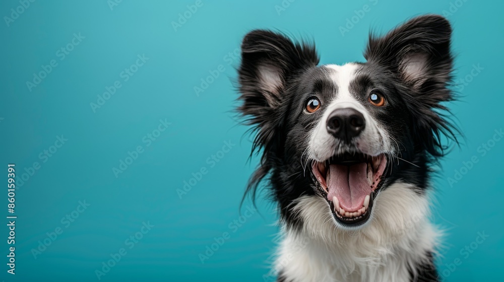 Cute joyful Border Collie. Australian shepherd. Isolated against a vibrant blue background. Pet. Dog. Canine. Cute joyful Border Collie. Australian shepherd. Isolated against a vibrant blue background. Pet. Dog. Canine.