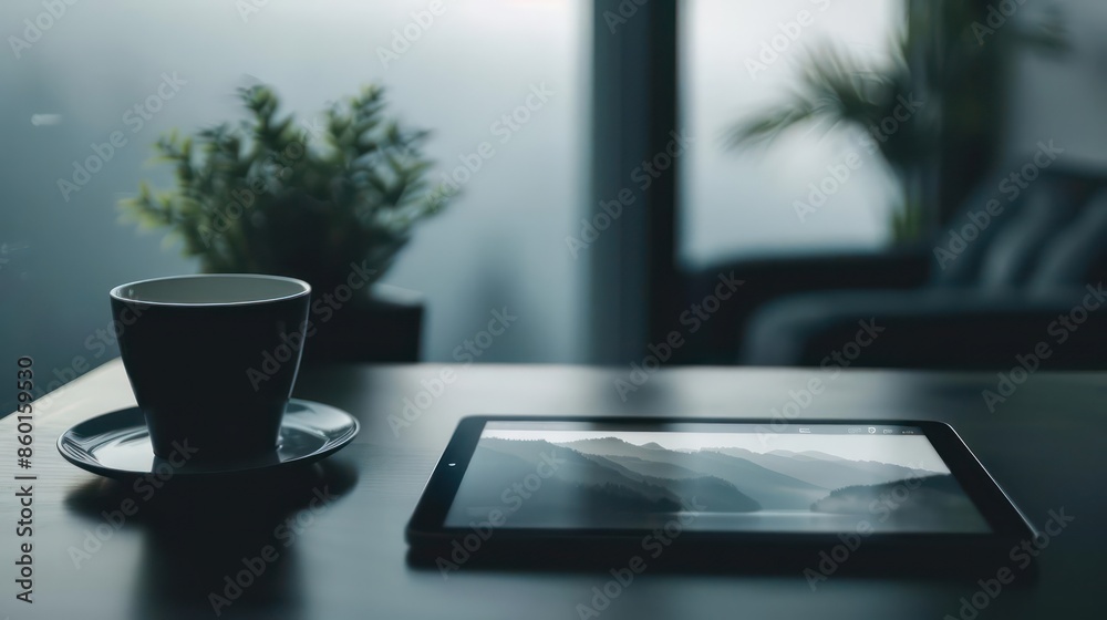 A sleek tablet screen displaying a companys digital portfolio with space for a caption A sleek tablet screen displaying a companys digital portfolio with space for a caption