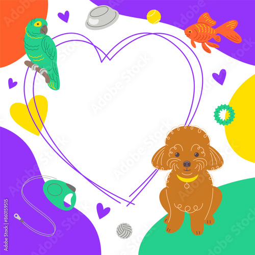 Pet shop social media post template with cute dog and parrot. Vibrant square frame for text promotion. Cute adorable doodle hand drawn pet animals with toys, accessories, color blobs and copy space