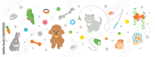 Cute adorable doodle hand drawn pet animals with toys and accessories. Horizontal header banner for pet shop. Dog, cat, bunny, guinea pig, fish and parrot. Rubber squeaky bones, balls, knotted rope