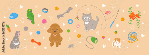 Cute adorable doodle hand drawn pet animals with toys and accessories. Horizontal header banner for pet shop. Dog, cat, bunny, guinea pig, fish and parrot. Rubber squeaky bones, balls, knotted rope