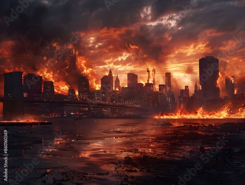 modern city disaster fire explosion flames smoke explode attack war destruction destroy, dramatic tragic buildings landmarks natural movie catastrophe burnt storm street © Vicky